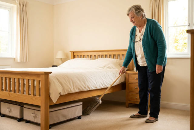 Ruth sliding a flat duster under the bed while standing