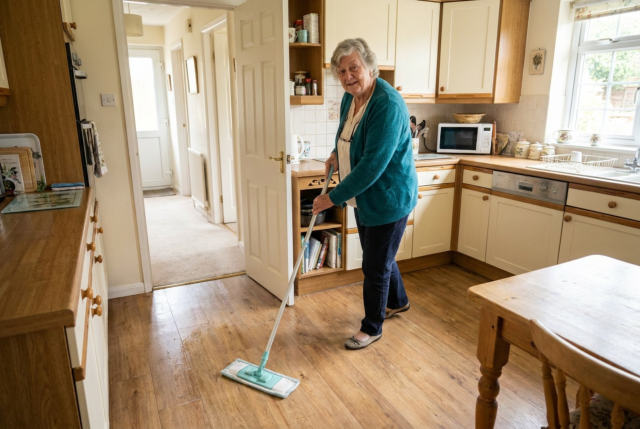 Ruth mopping her kitchen floor with a light flat mop, working toward the door