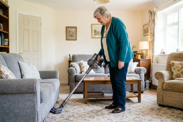 Ruth vacuuming under the sofa with a flat vacuum head, without moving the sofa