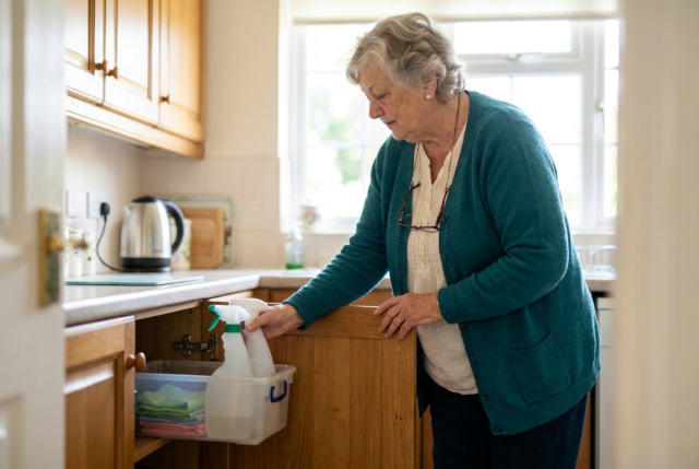 Ruth standing upright, pulling a handled bin out of a low kitchen cabinet