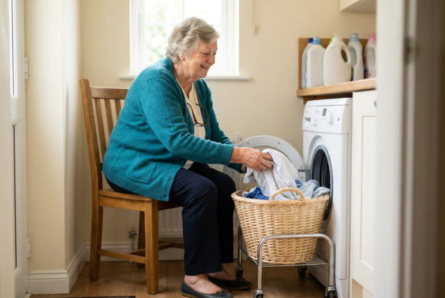 Ruth sitting on a chair to unload the washer into a basket on a rolling cart