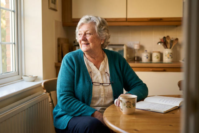 Ruth relaxing at her kitchen table by the window