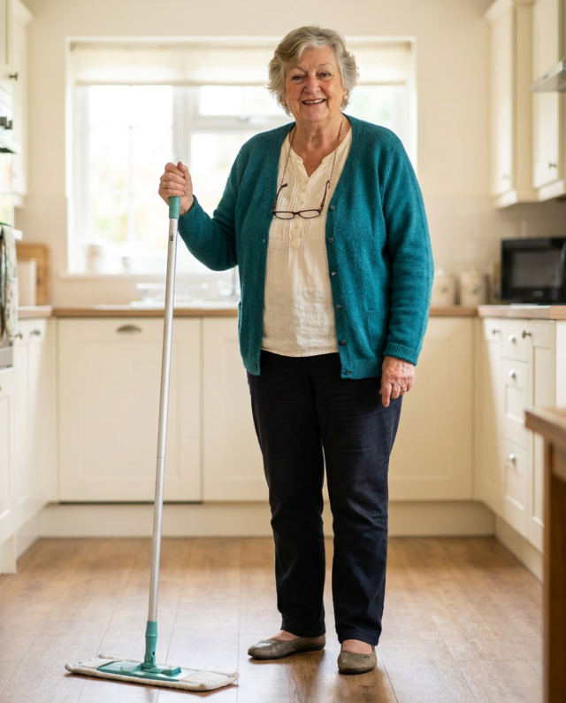 Ruth standing in her kitchen, smiling, holding a long-handled flat mop