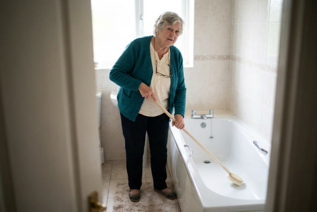 Ruth standing on a dry mat outside the bathtub, cleaning it with a long-handled brush