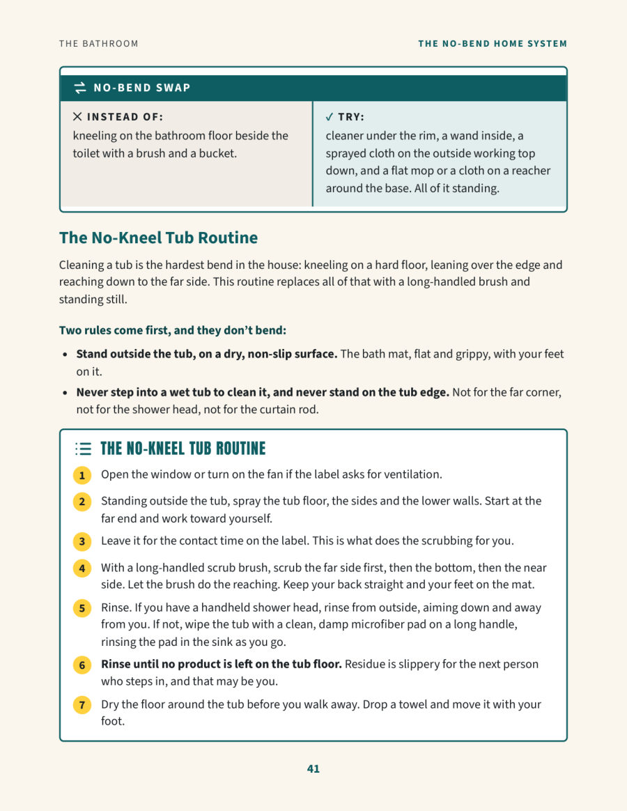 A page from the Bathroom chapter showing the No-Kneel Tub Routine